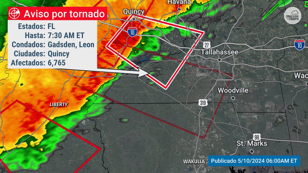 ¡Atención hay un aviso por tornado! Si estás en Gadsden, Leon, Liberty, Wakulla busca refugio ¡ahora mismo! en tu sitio seguro. Este aviso se mantiene hasta el 10 May 7:15AM EDT. Síguenos para más información: bit.ly/3PKAzjL