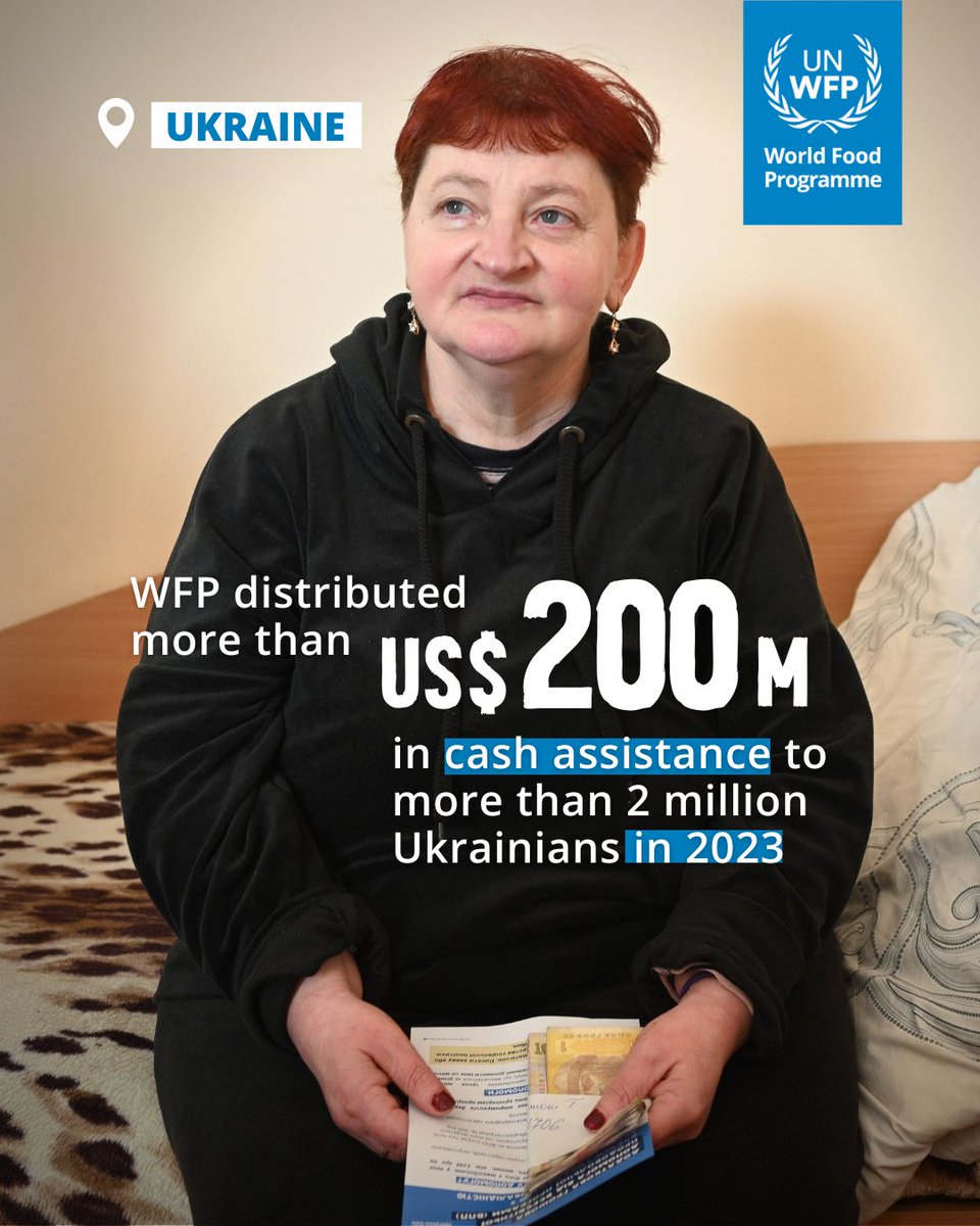 As 🇺🇦 families continue to cope with displacement, unemployment or reduced incomes due to the war, cash support remains critical. Thanks to 🇪🇺🇩🇪🇳🇴🇺🇸and more, @WFP distributed US$200m in cash to more than 2M people last year. Read our 🇺🇦Annual Report👇 wfp.org/operations/ann…
