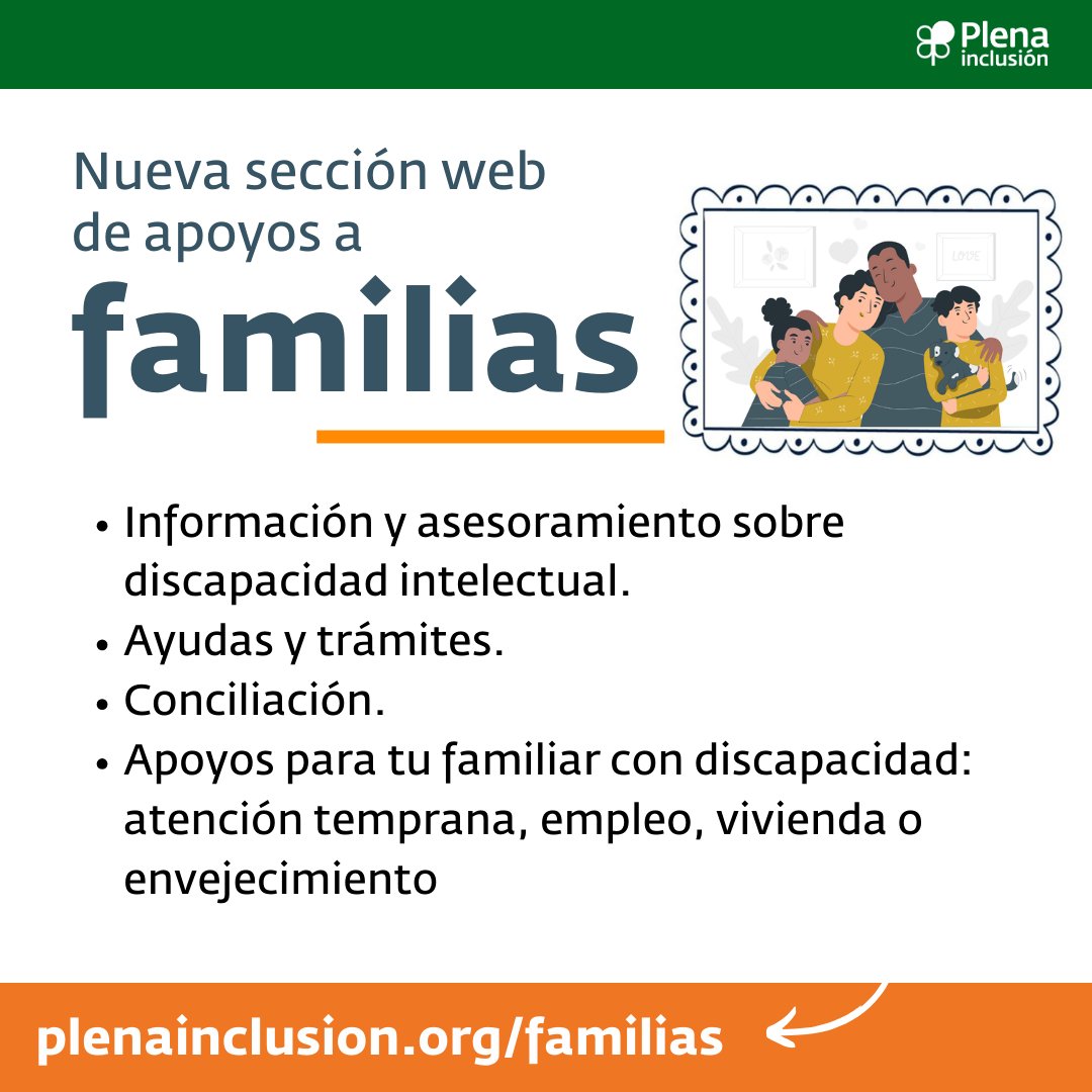 Hoy #DíaDeLasFamilias, os recomendamos la sección de familias de nuestra web en la que puedes encontrar: 👩‍👧 Información sobre apoyos para familiares 👉Apoyos para tu familiar con #discapacidadintelectual ⬇️ Entra en la web plenainclusion.org/familias/