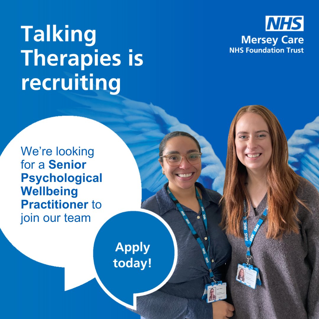 Are you a qualified practitioner or therapist seeking your next career move? 💼  

Join our #TalkingTherapies leadership team in Liverpool as a Senior Psychological Wellbeing Practitioner. 

Make a difference and apply by 12 May 👇🏽

merseycare.nhs.uk/talking-therap…

#NHSTalkingTherapies