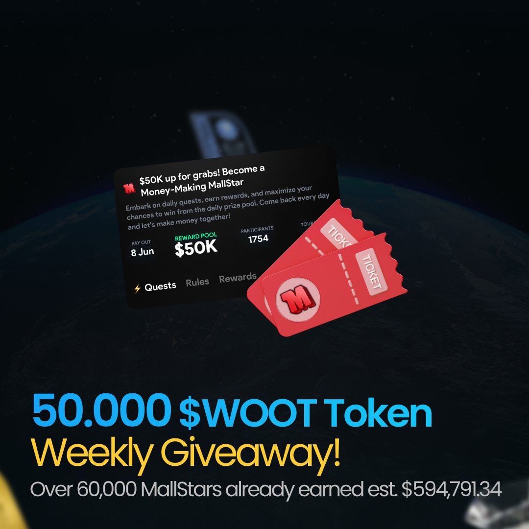 mallconomy's tweet photo. 🥳 Let's kickstart the weekend with a bang, MallStars!

50,000 $WOOT tokens are up for grabs by 10 lucky winners 🚀

To enter:

+ Like ❤️ and RT 🔁 this post
+ Tag 3 friends 👥
+ Comment your MallStar App username 📱

Hurry, the #giveaway ends Saturday at 21:00 UTC! 
Good luck 🍀 https://t.co/fKK7wPRSis