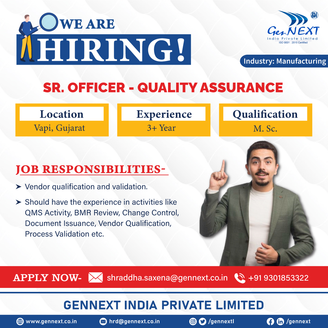 #UrgentHiring 💼📢🎯

Position: Sr. Officer- Quality Assurance 
Location: Vapi, Gujarat

#SeniorOfficer #QualityAssurance #Gujarat #Graduate #PostGraduate #hiringnow #jobsearching #jobsearch #Recruitment2024 #jobvacancy2024 #nowhiring #gennextjob #gennexthiring #GenNext #hiring