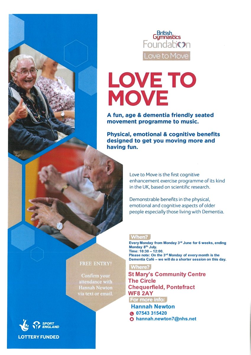Love to Move A fun, age & dementia friendly seated movement programme to music. ⭐ FREE ⭐ 📅 Starting from Monday 3rd June 2024 🕑 10.30 am – 12.00 noon 📍 St Mary's Community Centre Please see attached poster for more information and how to book 👇