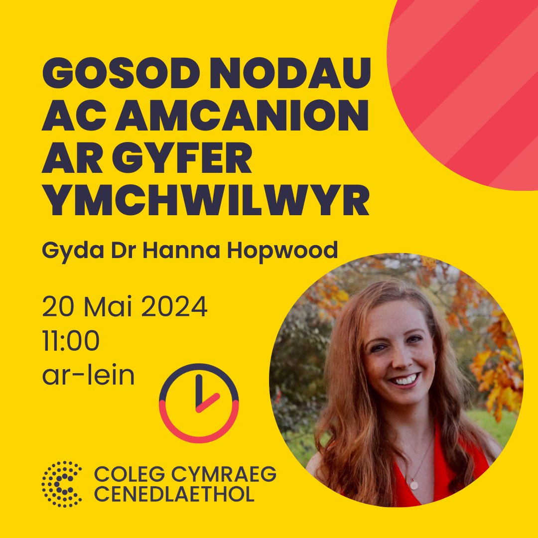 🗣️ Gosod nodau ac amcanion ar gyfer ymchwilwyr 📅 20 Mai, 11am, ar-lein Gweithdy gyda Dr @HannaHopwood i rannu cyngor ar sut i wneud y gorau o dy amser a dy egni wrth ymchwilio ✍️ Gwybodaeth a chofrestru: colegcymraeg.ac.uk/newyddion/digw… #Ymchwil #CymunedOlradd #SgiliauYmchwil #Cymraeg