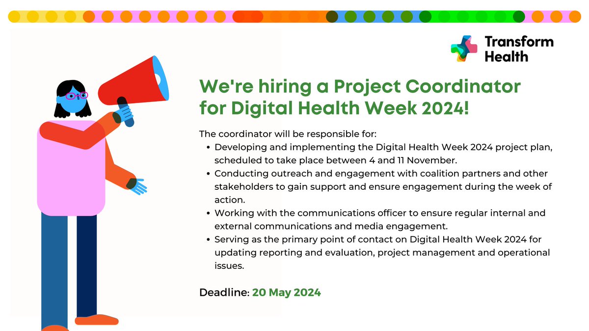 📢 @trans4m_health is #hiring!! We're looking for a project coordinator for #DigitalHealthWeek2024. ⌛Deadline to apply: 20 May 2024 🔗Apply now: transformhealthcoalition.org/opportunity/to… #Job #JobPost #JobAlert #NonProfitJobs