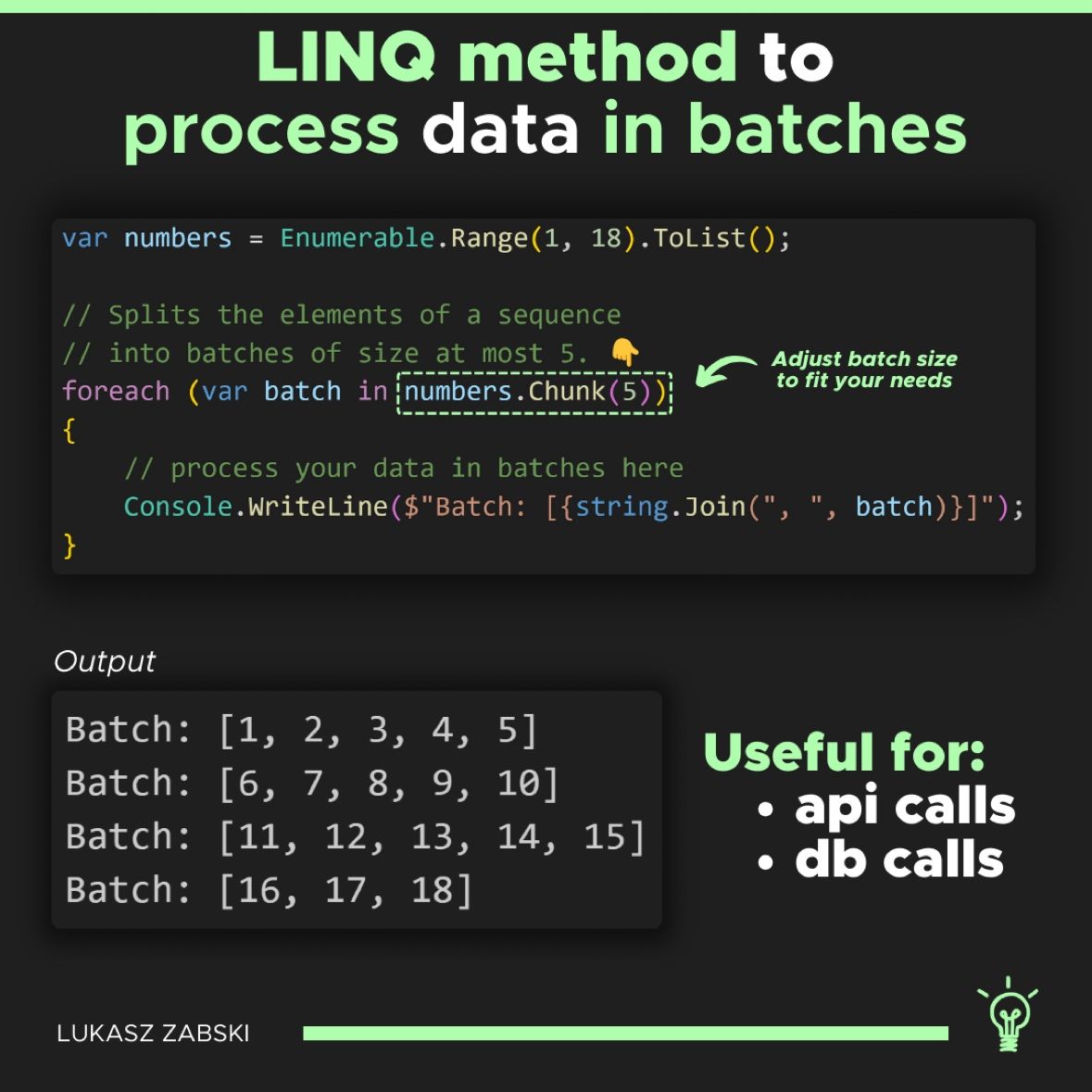 LINQ Chunk example  ⬇️

This was new in .NET 6 and is great for splitting up collections into smaller batches. 

Have you used it much?

Thanks to Łukasz Żabski on LinkedIn for the image ->
linkedin.com/in/zabski/

#dotnet