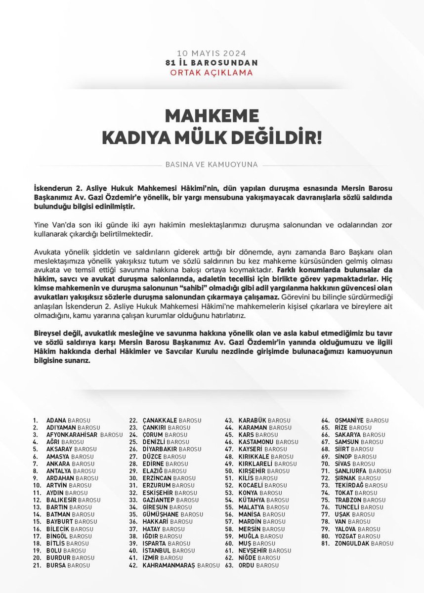 81 Barodan Ortak Açıklama: Mahkeme Kadıya Mülk Değildir!