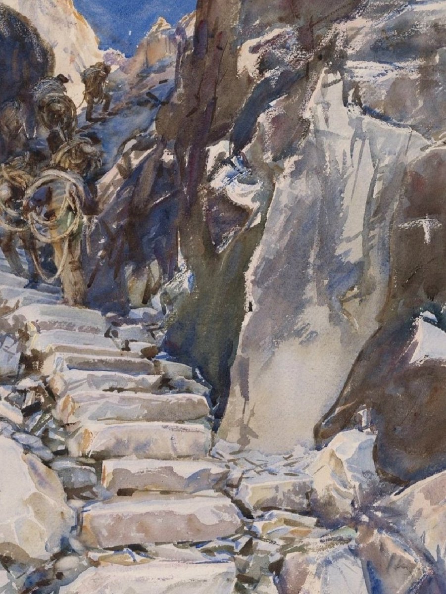 John Singer Sargent spent part of several summers in the early 1900s painting open-air subjects in Italy’s Val d’Aosta. The resulting works reveal his pleasure in the description of brilliant light; here a party of climbers almost seem to merge with the rockface.