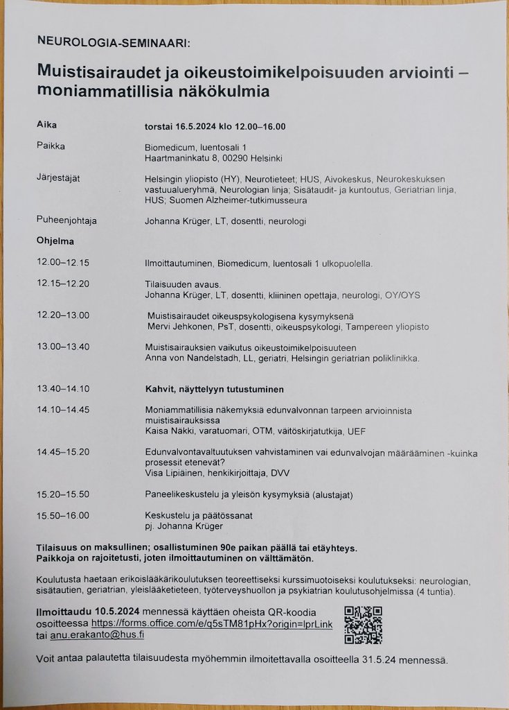 📢Vielä ehdit ilmoittautua #muistisairaus ja oikeustoimikelpoisuus
koulutukseen❗️ Voit osallistua myös etänä 🧠 Ilmoittautumislinkki kommenteissa⬇️
<a href="/SuomenAlzheimer/">Suomen Alzheimer-tutkimusseura</a>
<a href="/HelsinkiUniMed/">Medicine and Health, University of Helsinki</a> <a href="/HUS_fi/">HUS Helsingin yliopistollinen sairaala</a> <a href="/Muistiliitto/">Muistiliitto ry</a>  <a href="/SuomenNeuro/">Suomen Neurologinen Yhdistys</a> 
@kaisanakki <a href="/RoittoHM/">Hanna-Maria Roitto</a>
 #muisti #oikeustoimikelpoisuus