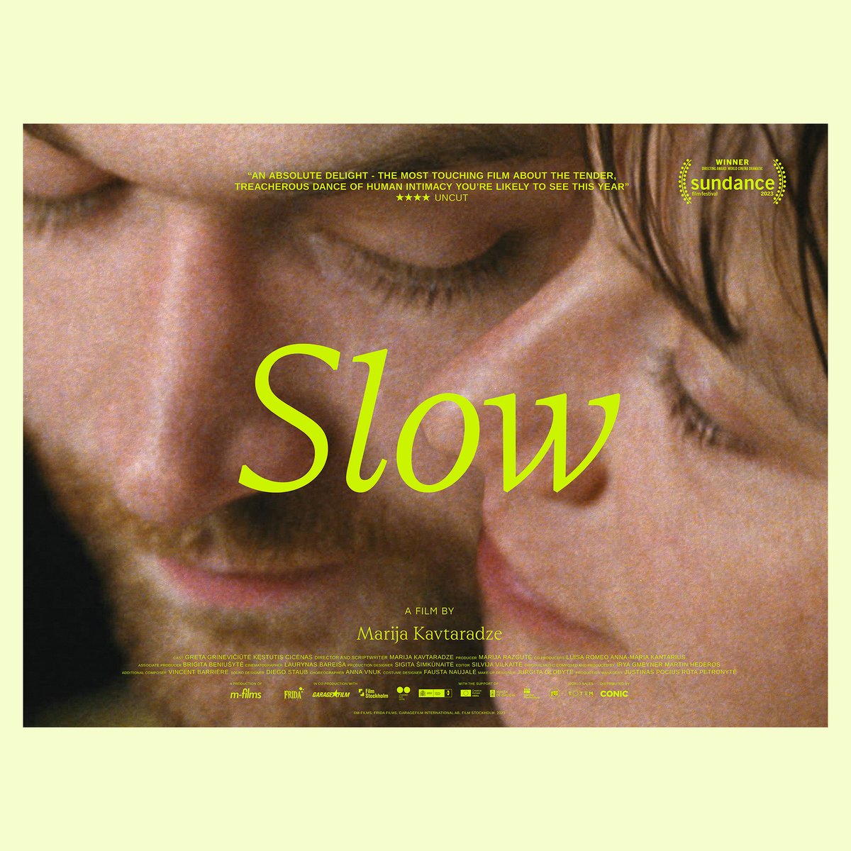 A first look at the official UK poster for Sundance-award winning SLOW directed by Marija Kavtaradze! In cinemas 24 May via @conicfilm.

SLOW is a modern love story about two people exploring how to build their own kind of intimacy❤️‍🔥

Scroll to read more about the film👇(1/3)