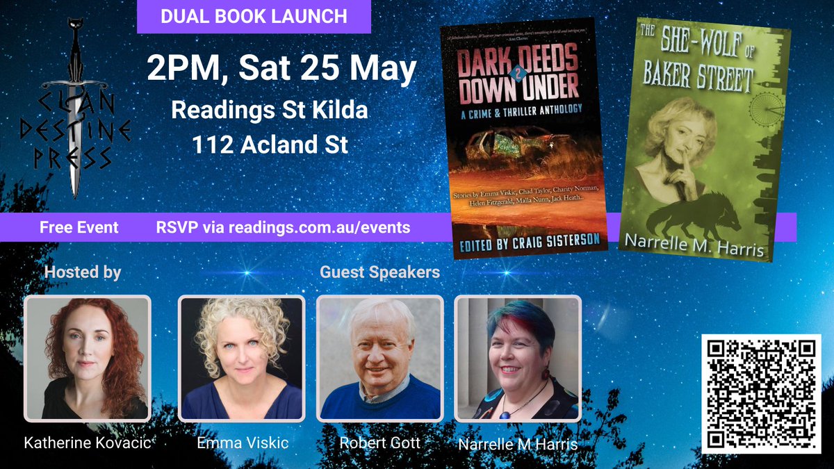 Sadly my geography prevents me being there but I'm so stoked we're having IRL launch for DDDU2, alongside pal @daggyvamp's fab new Sherlockian tale.
If you're near Melbourne, pls head along to @ReadingsBooks St Kilda and help us celebrate! Free, rsvp here: readings.com.au/events/emma-vi…