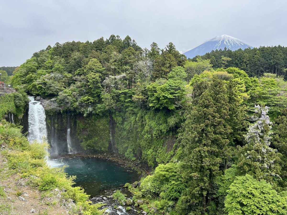 Waterfall of Sound Stop located in Fujiyoshida City, Shizuoka Prefecture. A large amount of water falls from a 25-meter-high cliff, forming a water pillar and creating a roaring sound as it falls. This waterfall is located adjacent to Shiraito Falls on the Shibakawa main stream.