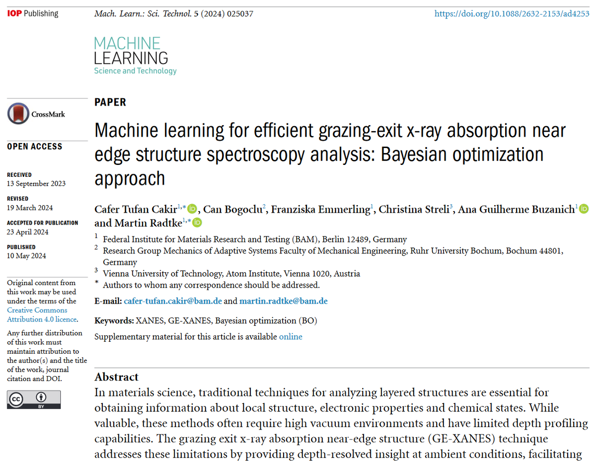 Great new work by @Tufan_Cakir @ABuzanich @FranEmmerling et al @BAMResearch @ruhrunibochum @tu_wien-'#Machinelearning for efficient grazing-exit #xray absorption....#spectroscopy analysis.....'-iopscience.iop.org/article/10.108… #materials #structures #AI #chemistry #Bayesian #optimization.