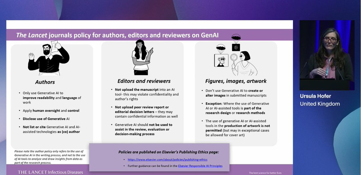 @GermHunterMD Agreement on rules for AI tools is crucial in science. We need clear guidelines to use them responsibly and prevent misuse, plagiarism, misinformation and more. Here are The Lancet journals policy on GenAI 👇 @Lancet #ESCMIDGlobal2024 #ESCMID @ESCMID