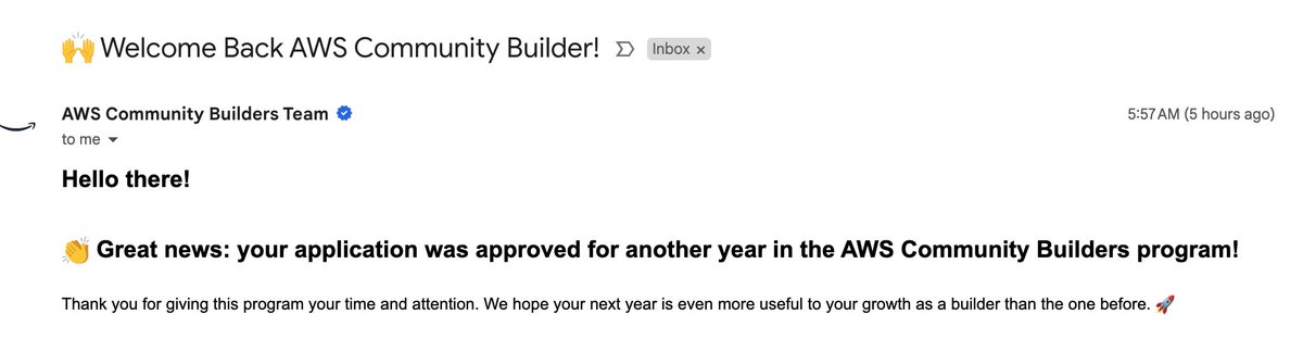 I'm thrilled to share the fantastic news from the Amazon Web Services (AWS) Web Services (AWS) Community Builders team: I've been accepted for my third year of membership!