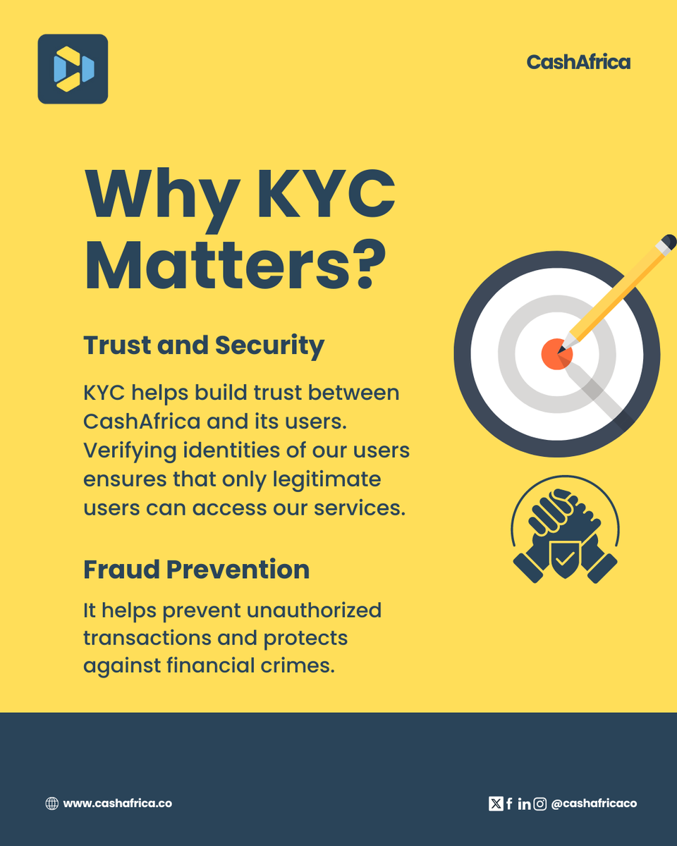 CashAfricaCo's tweet photo. Fintech Bans and KYC has been in the news of late, and we decided to help you make sense of what it all means!
CashAfrica compliance with KYC processes and why we have one of the most rigorous and thorough KYC procedures in the industry!
#KYC #CashMobile #CashCard #CashAfrica https://t.co/mdLg0nhfIe