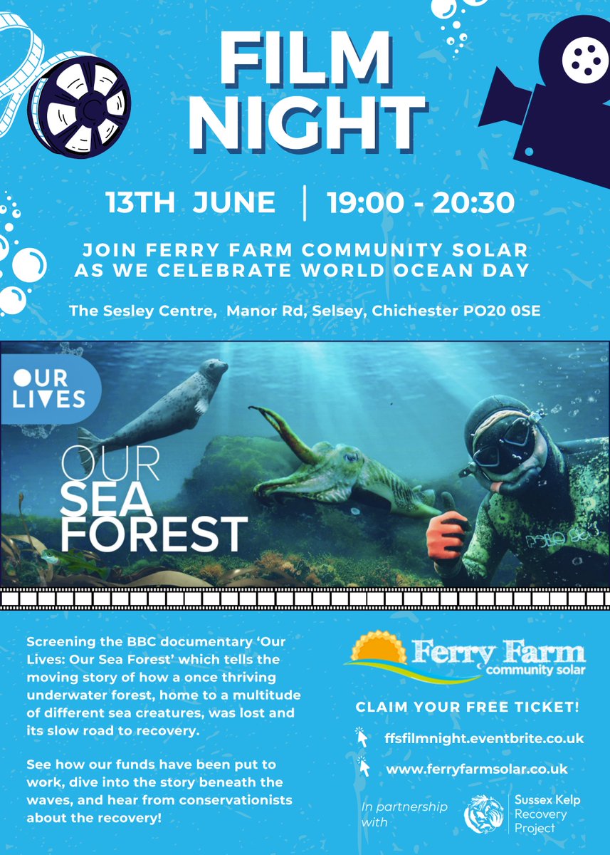 Join @FerryFarmSolar for a film night and Q&A session celebrating #WorldOceanDay with @SussexKelp Mark your calendars for June 13th at the Selsey Centre, for a night celebrating our beautiful oceans! Find out more and claim your FREE ticket here: ffsfilmnight.eventbrite.co.uk
