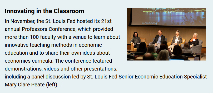 Last year's St.  Louis Fed Professors Conference was a great one (see below). If you're  an economics professor/instructor, we'd love to see you at this year's  event (November 7-8). events.stlouisfed.org/event/ee46ad48…