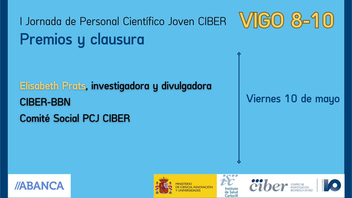 Damos fin a la jornada con el reparto de premios: 🏆- Premio a la mejor comunicación oral en cat. PREDOC 🏆- Premio a la mejor comunicación oral en formato POSTER . 🏆- Premio a la mejor comunicación oral en ca. POSTDOC . ¡Suerte a tod@s! #JovenCIBER #10añosCIBER