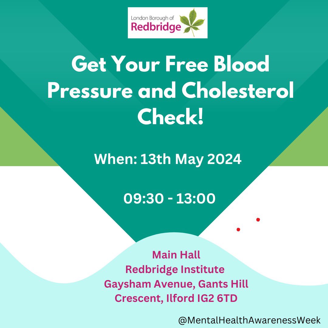 📣Free Health Checks 📣
    Redbridge Institute, Gaysham Avenue, 
    Gants Hill Crescent. 

       Monday 13th May 9.30am to 1pm 

            Just turn up and get seen