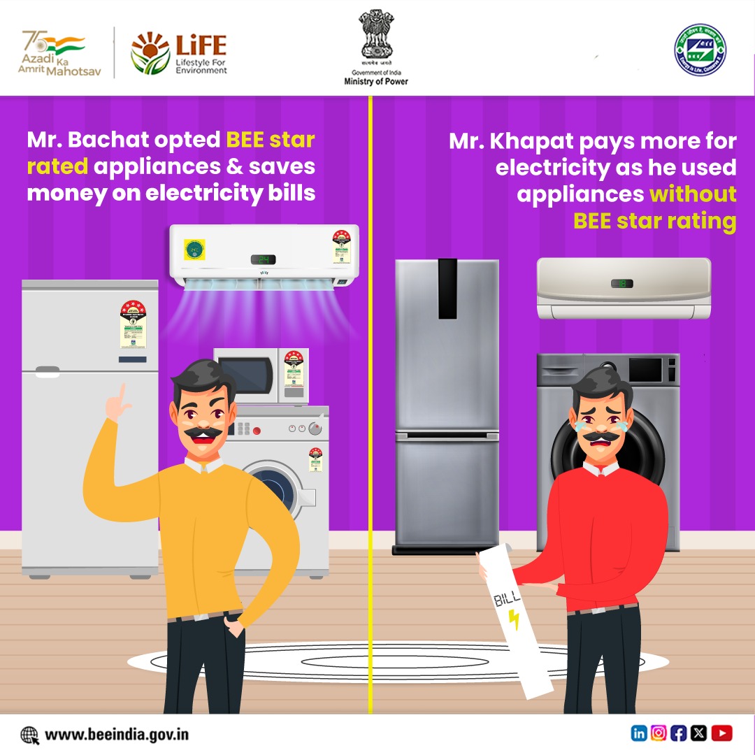 Save more on your monthly electricity bills with BEE 5 Star rated appliances. Be a smart consumer and choose energy-efficient options. 
#EnergyEfficiency #SaveEnergy