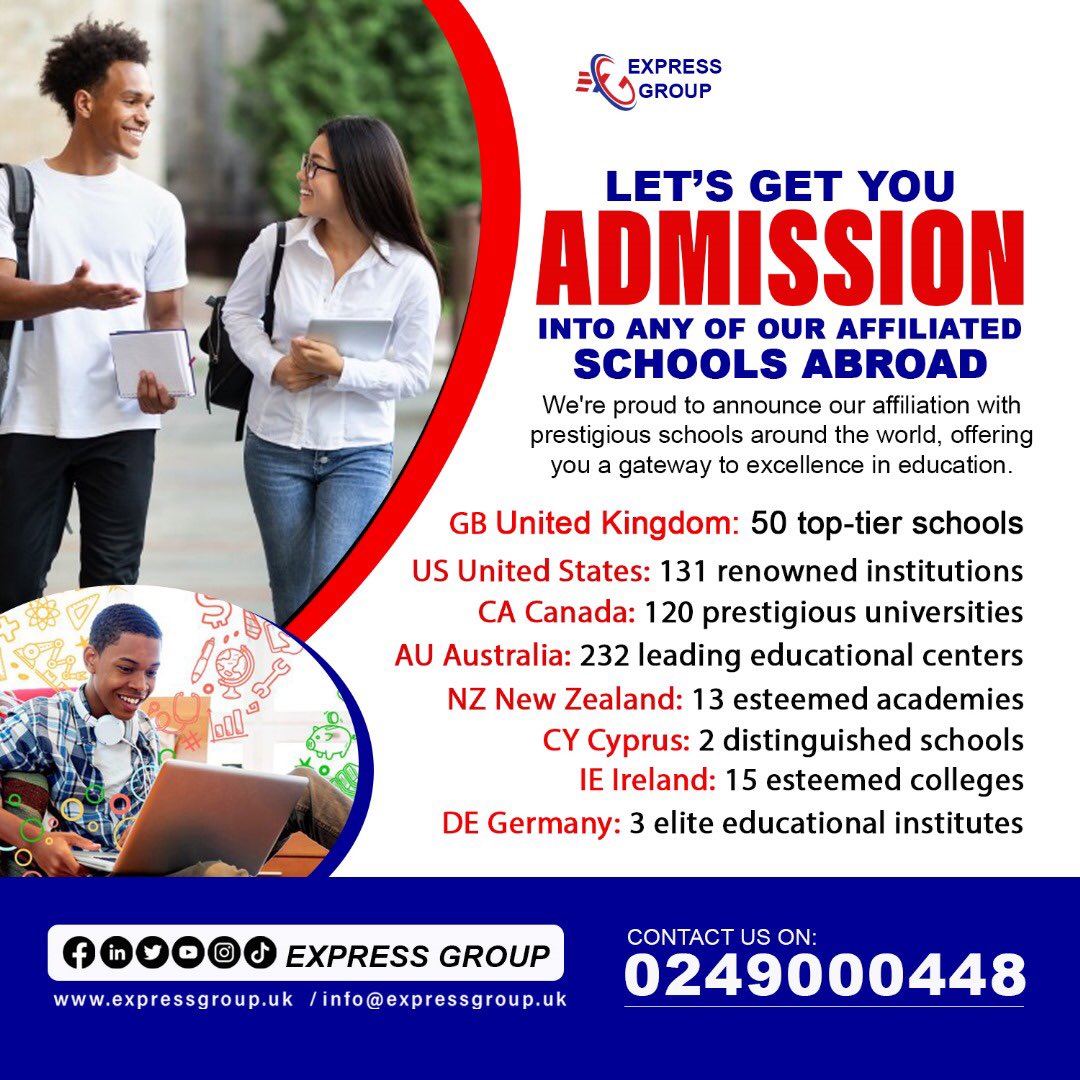 Admission into overseas schools with Scholarship is assured. Are you ready to take on the academic journey ? Then You can call us on 0552827787 / 0598988987 / 0249000448 Or visit our official website- expressgroup.uk #ExpressGroup #traveltheworld #travelabroad