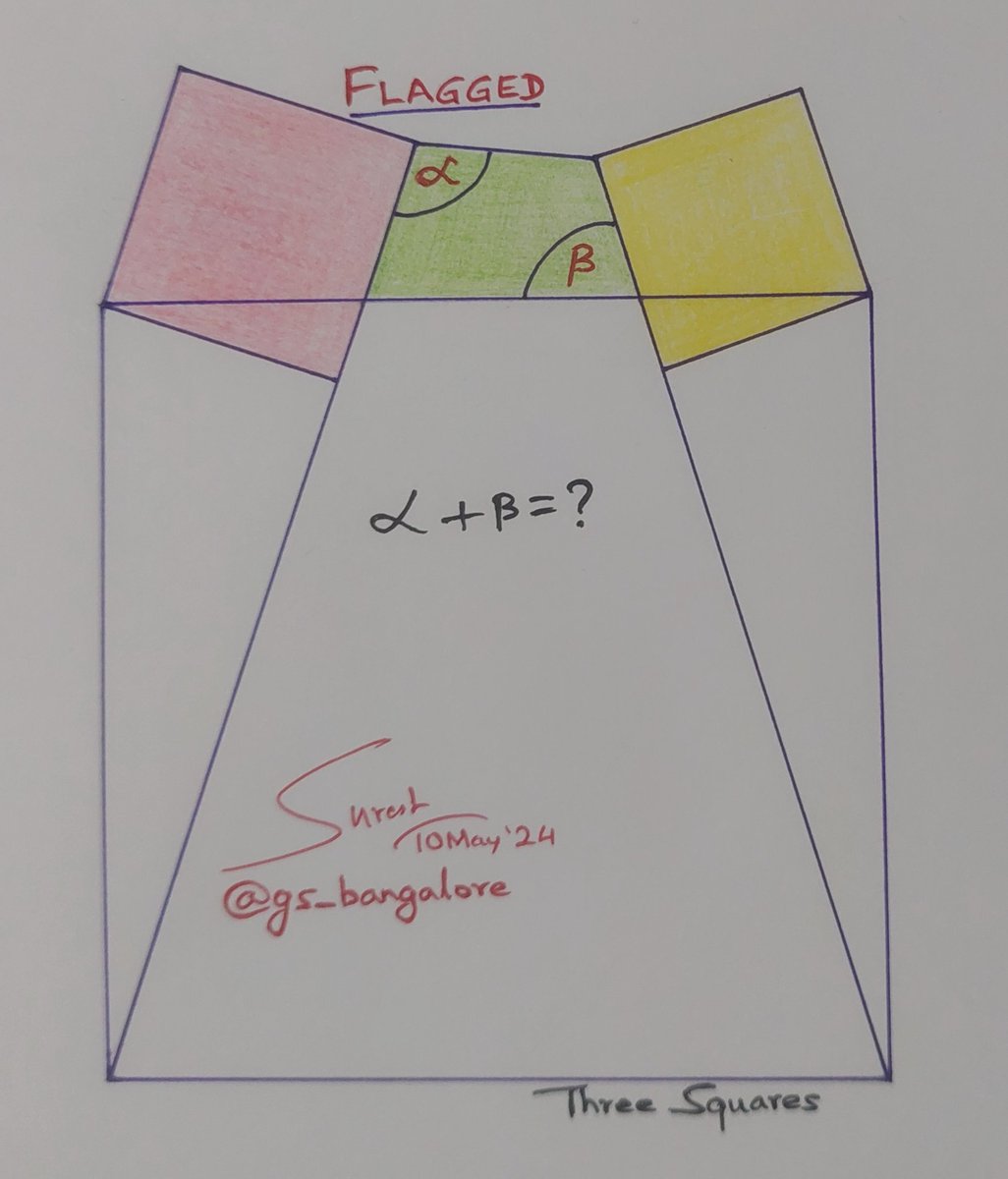 Flagged

Three squares in a configuration. Angles alpha + beta = ?

#square #triangle #quadrilateral #geometry #geometrique #study #riddle #puzzle #cyclic #thinking #logic #reasoning #today #circle #mathteachers #math #teacher #mathematics #Algebra #highschool #students #learning