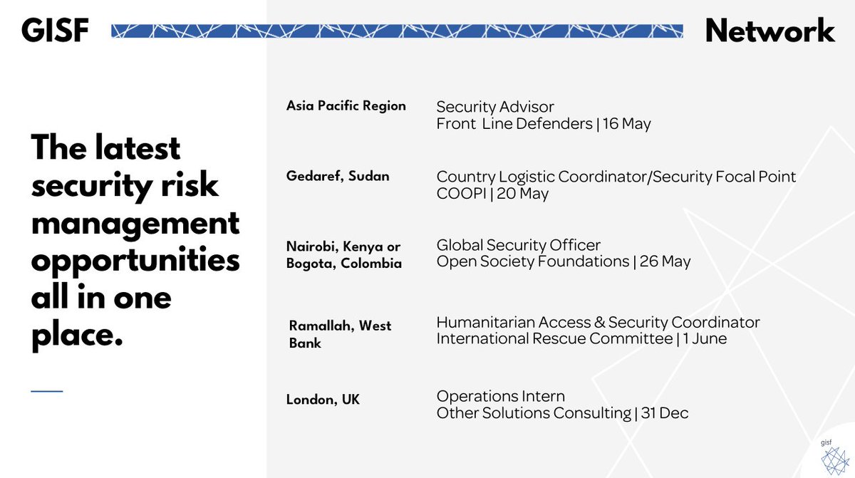 💼 Are you looking for a job or internship in #SecurityRiskManagement within the #humanitarian sector? Here is GISF’s weekly #vacancy round up! To find more #SRM vacancies, visit our website. gisf.ngo/vacancies/page…
