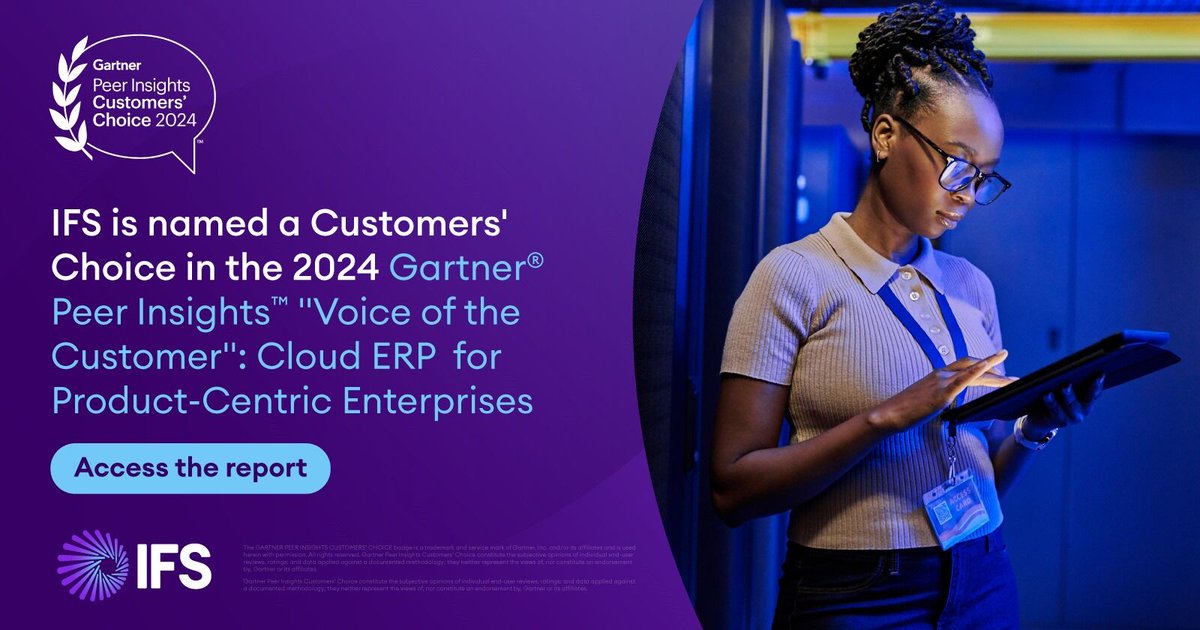 IFS is named a Customers’ Choice in the March 2024 Gartner Peer Insights ‘Voice of the Customer’: Cloud ERP for Product-Centric Enterprises   Read the full report: ifs.link/aPbWft