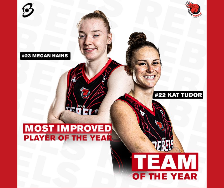 Wow! For first time, two @EssexRebels stars have won @britishbasketw end-of-season awards. Megan Haines wins the Most Improved Player of the Year Award and Kat Tudor is in the All-League Team of the Year! Read more: brnw.ch/21wJEhs #BritishBasketballLeague #UptheRebs