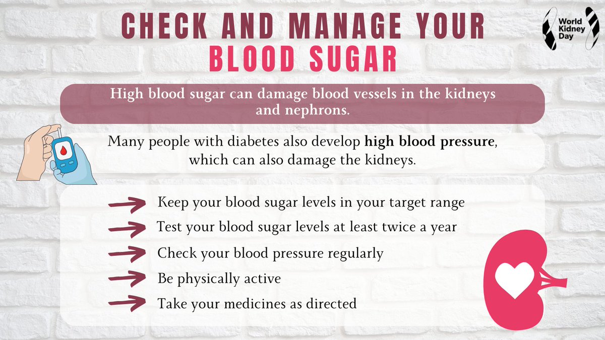 Did you know that about half of people who have #diabetes develop #KidneyDisease? Early detection is key! Check your blood sugar levels as part of your regular health check-up. Learn more about #CKD prevention 👉🏽 worldkidneyday.org/about-kidney-h… #WorldKidneyDay #KidneyHealthforAll