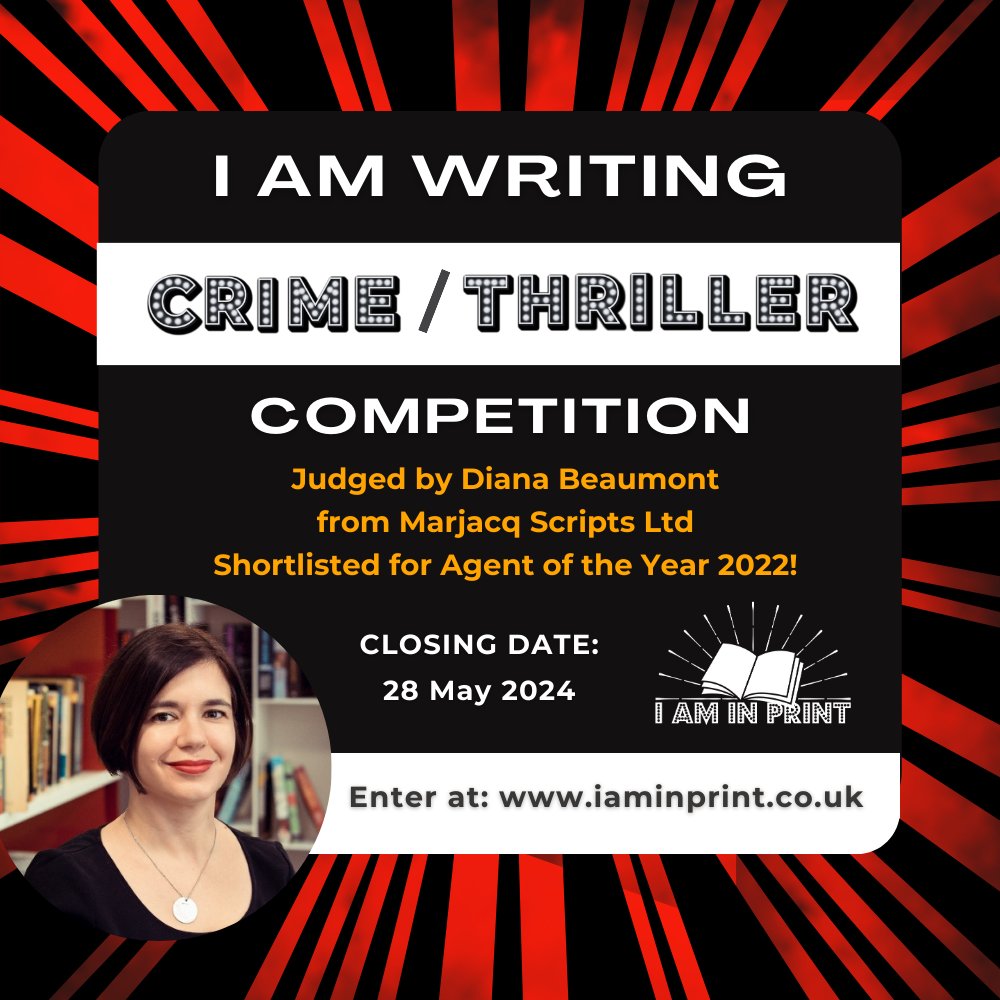 Calling all #cosycrime, psychological thriller, suspense, mystery or #policeprocedural writers! Enter 3,500 words & a 1-page #synopsis in the #IAmWriting #Crime/#Thriller #Competition to get your writing noticed by judge Diana Beaumont

Enter at: iaminprint.co.uk/competitions-2…