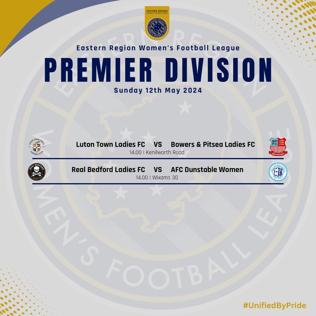 𝐅𝐈𝐗𝐓𝐔𝐑𝐄𝐒 | Premier Division 2 fixtures this weekend as we head into the final few matches of the season. Real Bedford welcome AFC Dunstable whilst Luton Town welcome Essex side, Bowers & Pitsea at Kenilworth Road! #UnifiedByPride