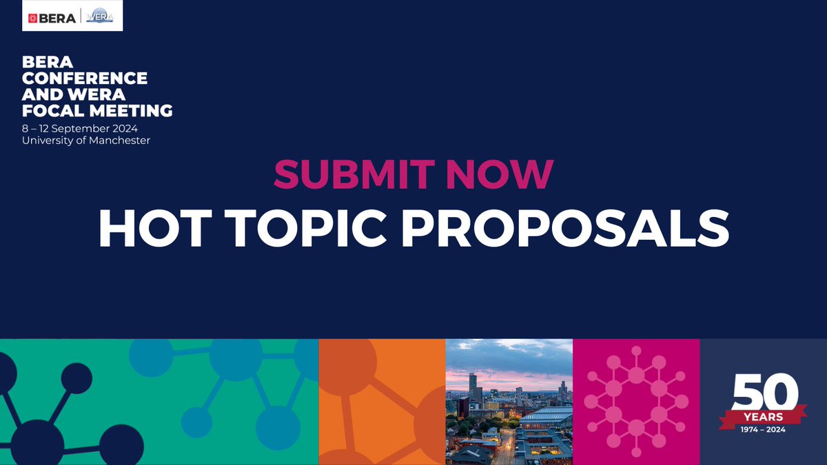 📣 Submit a Hot Topic proposal for #BERAWERA2024 This session is meant to highlight topical research that may have been developed after the usual abstract submission system. @WERA_EdResearch #BERA50 Deadline: 3 June 2024 Find out more and submit here: bera.ac.uk/conference/ber…