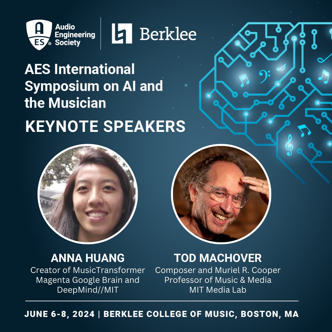 Join us June 6-8 at the AES International Symposium on AI and the Musician at Berklee College of Music in Boston. 🎵 Get ready to be inspired by our keynote speakers: Anna Huang and Tod Machover. 🎹 Secure your spot now: …on-ai-and-the-musician.events.aes.org #AI #Music #AudioEngineering