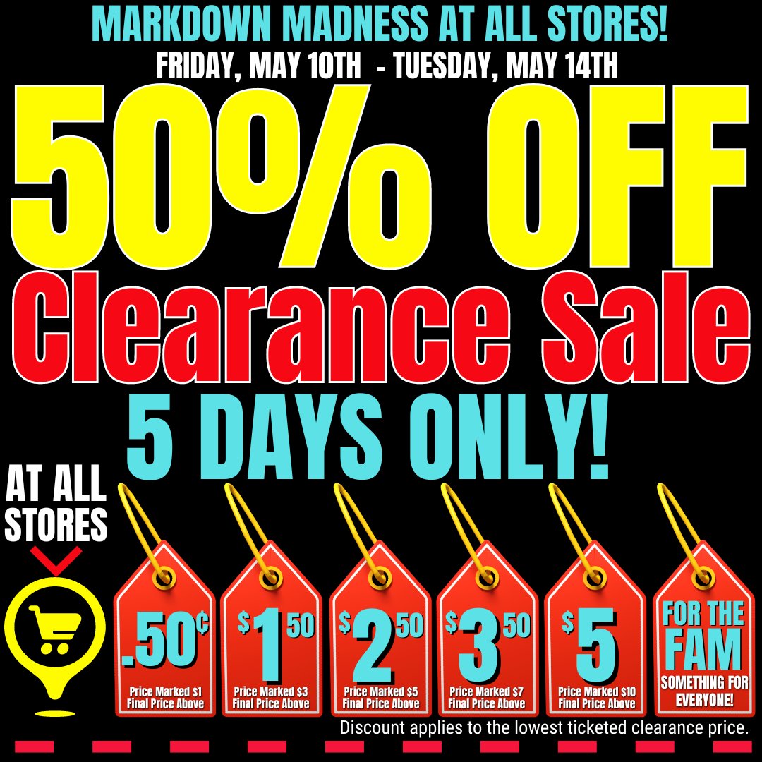 📢📢📢📢50% OFF……
All Clearance!
Sale starts Friday, May 10th….Hurry In!
For 5 days you can get 50% OFF the lowest ticketed clearance price through Tuesday, 5/14!
#5DaysOnly #ClearanceSale #50%off #sale #clearanceevent #MarkdownMadness #FormanMills