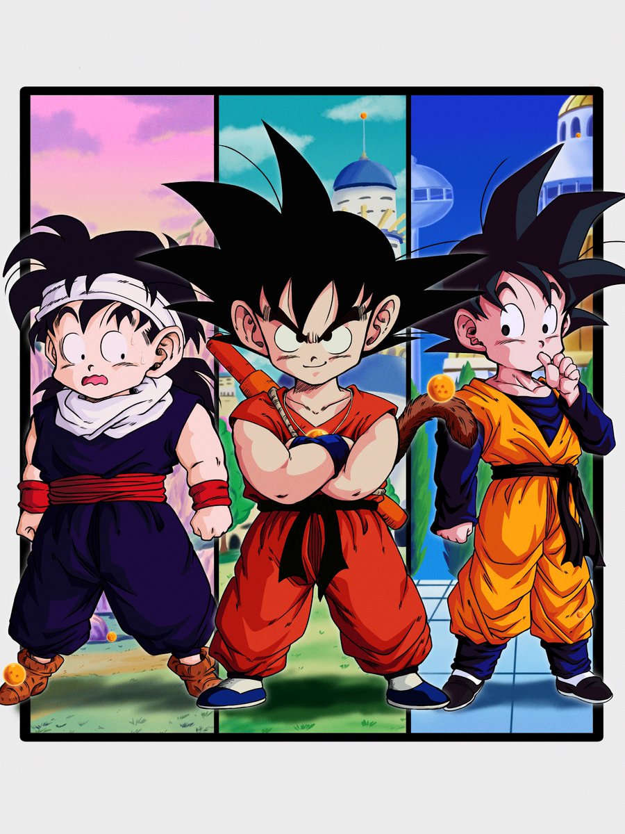 son goku looking at viewer smile open mouth black hair holding closed mouth standing  illustration images