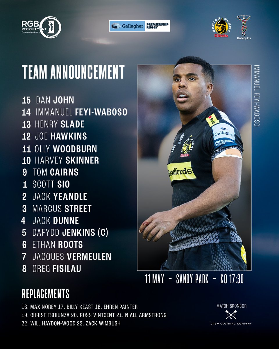 Here's the team to face Quins #ChiefsFamily 🃏

💥 No changes to the starting XV
🏡 Last home game at Sandy Park

🤝Match Sponsor: @Crew_Clothing

☀️ See you at HQ in the sunshine!

#EXEvHAR | #JointheJourney | @RGBRecruitment