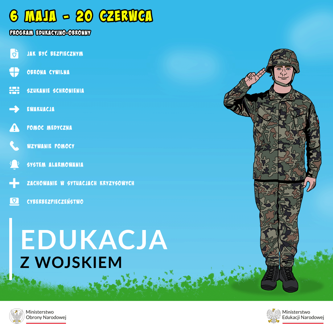 #edukacjaZwojskiem 👇

👉jak być bezpiecznym
👉obrona cywilna
👉szukanie schronienia
👉ewakuacja
👉pomoc medyczna
👉wzywanie pomocy
👉system alarmowania
👉cyberbezpieczeństwo
👉zachowanie w sytuacjach kryzysowych