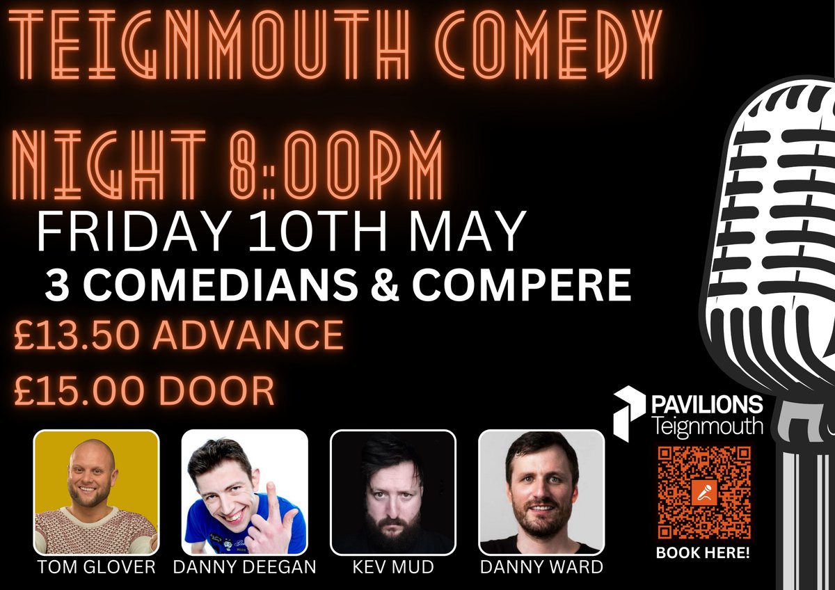 #Teignmouth Comedy Night TONIGHT Fri 10th May 8pm with @TomGloverComedy @danwardcomic @DannyDeegan & Kev Mud - book tx now tinyurl.com/wvzu5j2d £13.50 adv/£15 OTD from 7pm (+ booking fee) @Whatson_Devon @SouthDevonRadio @ComedyRTGrp @whatsondevon