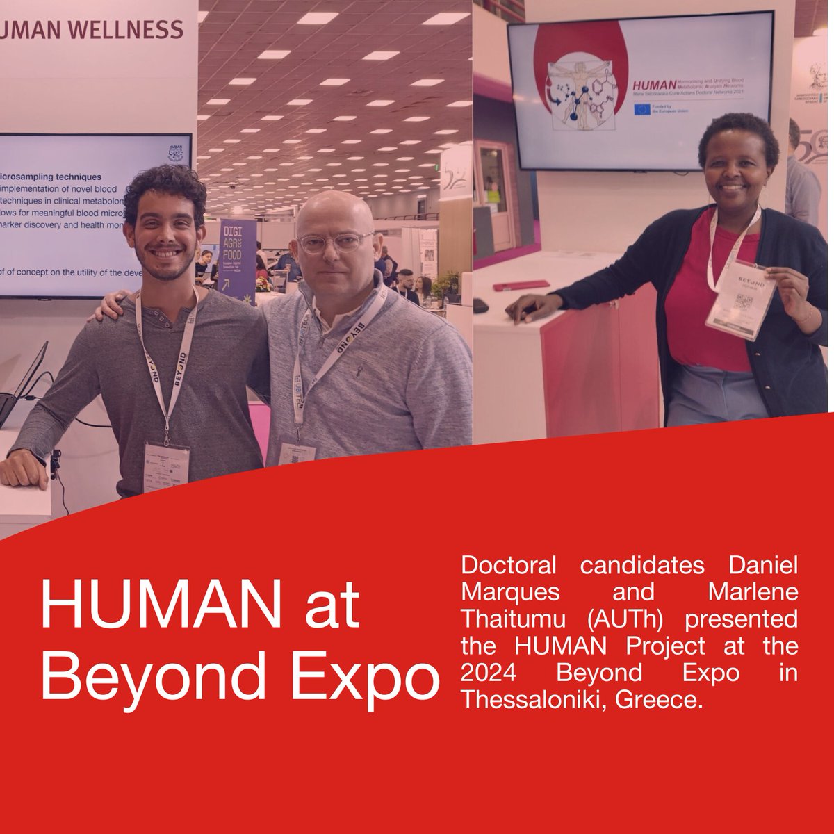 Spotted👀 at the Beyond Expo 2024! ✨DCs Daniel Marques (left) and Marlene Thaitumu (right) of AUTh presented the HUMAN Project at the 2024 Beyond Expo in Thessaloniki, 🇬🇷! They were accompanied by BiOMIC postdoc Petros Pousinis (center). #metabolomics #health #massspec