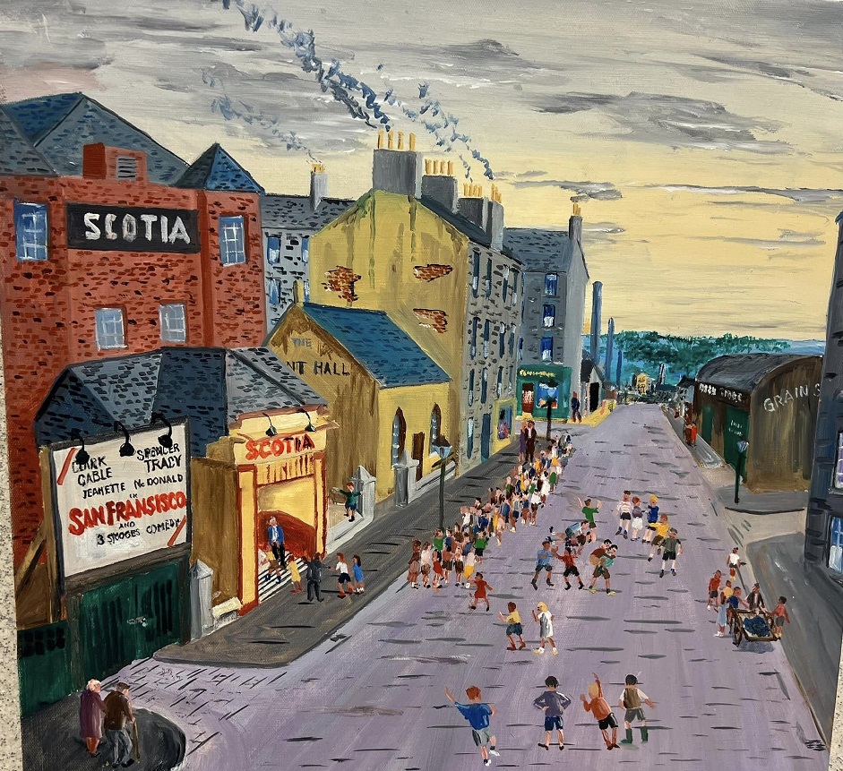 Millerston Street looking south past Glenpark Street, Dennistoun, #Glasgow. The movie at The Scotia is 1930s but I think the painting is 1950s.
🎨Tom McGorin