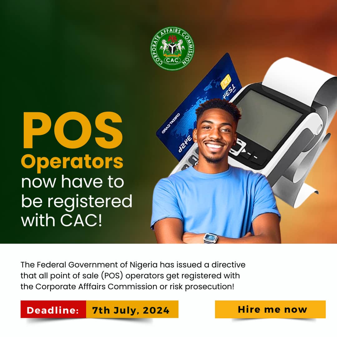 THE COUNTDOWN IS ON
It is no longer news that the Central Bank of Nigeria @cenbank has mandated all POS business operators to register with the Corporate Affairs Commission @cacnigeria1. 
#cenbank #CyberSecurityAwareness #businesssetup #businessregistration @business