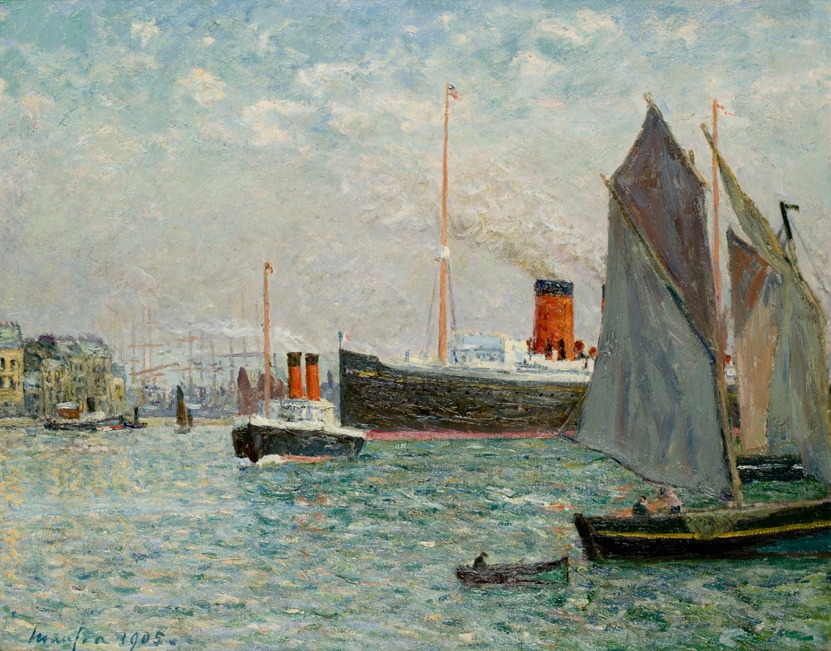 #ZoomSurUneOeuvre 👀 
Transatlantique sortant du port' de #MaximeMaufra est présentée dans notre #ExpoImpressionnismeMer. Séjournant régulièrement en Normandie, le peintre représente la vie portuaire en proie aux bouleversements des grands voyages transatlantiques.