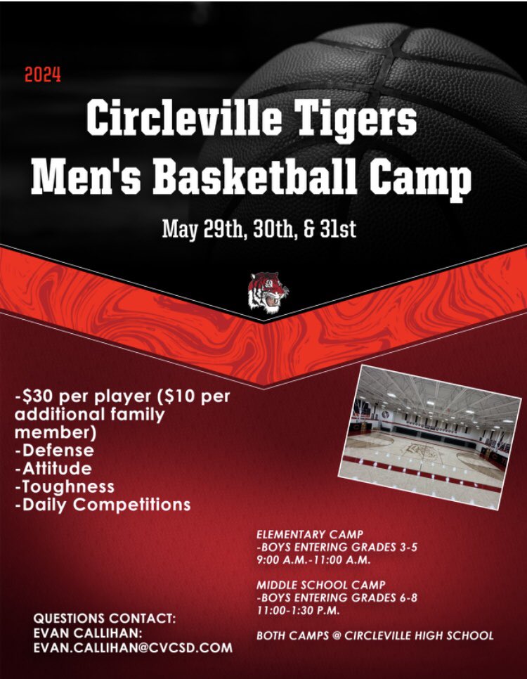 2024 Circleville Tigers Men’s Basketball Camps! For boys entering grades 3-8 (2024-2025 academic school year). See below for registration and more information! We hope to see you there!! Go Tigers! docs.google.com/forms/d/1OGtL-…