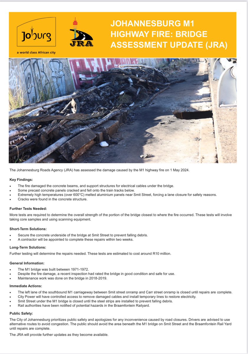 #JoburgServices #JoburgUpdates #JHBTraffic #M1Bridge [Johannesburg M1 Highway Fire: Bridge Assessment Update]