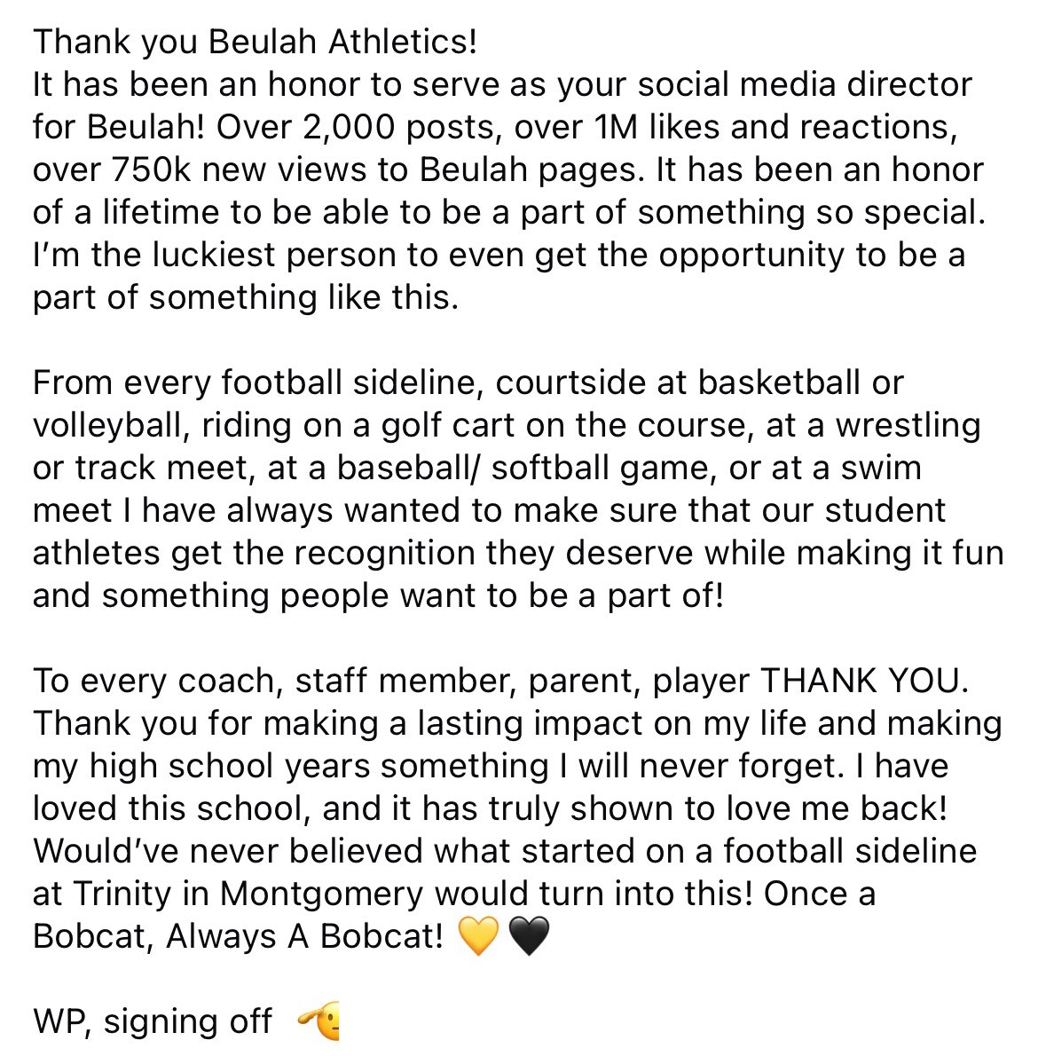 Beulah High School (@beulahhigh_) on Twitter photo WP, signing off 🫡
I am so thankful for this amazing opportunity! Go Bobcats!
<a href="/Coach__Johnson/">Adam Johnson</a> <a href="/DrMHoward/">Dr. Mike Howard</a> <a href="/LeeCoSchools/">Lee County Schools</a> <a href="/rexcastillotv/">Rex Castillo</a> <a href="/JPattersonTV/">Jack Patterson</a> <a href="/ONTHEDMARK1/">D. MARK Mitchell</a> WP, signing off 🫡
I am so thankful for this amazing opportunity! Go Bobcats!
<a href="/Coach__Johnson/">Adam Johnson</a> <a href="/DrMHoward/">Dr. Mike Howard</a> <a href="/LeeCoSchools/">Lee County Schools</a> <a href="/rexcastillotv/">Rex Castillo</a> <a href="/JPattersonTV/">Jack Patterson</a> <a href="/ONTHEDMARK1/">D. MARK Mitchell</a>