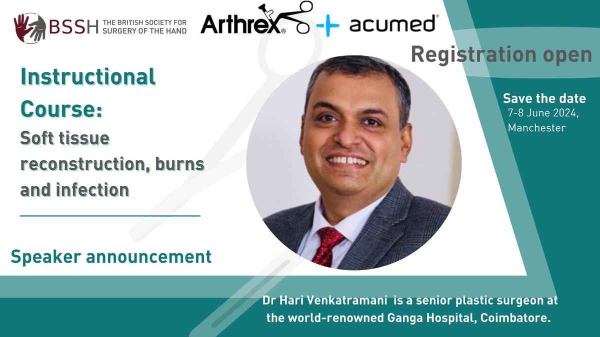 Speaker Announcement for the BSSH Instructional Course: Join us at the instructional course and take the opportunity to enhance your knowledge and all aspects of upper limb reconstruction under the guidance of Dr Venkatramani. buff.ly/3IZEPtG