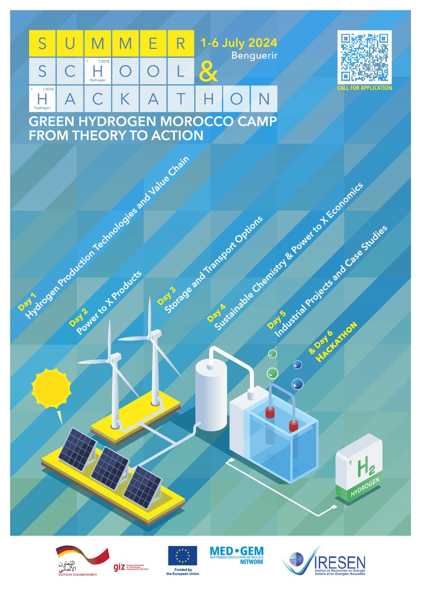 🌍'Green Hydrogen Morocco Camp: From Theory to Action' from July 1-6, 2024. A unique chance for Master's students, PhD candidates & young pros to explore green hydrogen's potential. Thanks to #GIZMorocco @IRESEN & EU @medgem_network  #GreenHydrogen #Morocco