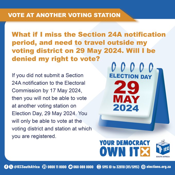 Important reminder for voters: You must vote where you're registered. Want to vote elsewhere? Notify the Commission before it's too late! Visit your local IEC office or head to bit.ly/49zdtFZ. #SAelections24